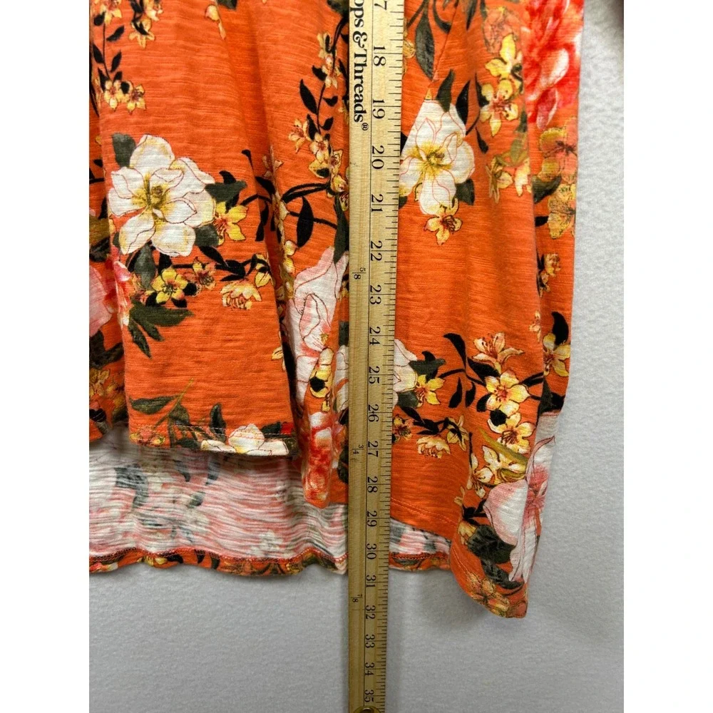 Chico's Floral Botanical Orange Womens XL 3/4 Sleeve V-Neck Slub Knit Top